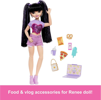 Barbie Dream Besties Doll and Accessories, Renee Posable Fashion Doll with Long Black Hair, 11 Video and Food Pieces, HYC24