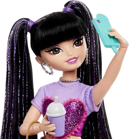 Barbie Dream Besties Doll and Accessories, Renee Posable Fashion Doll with Long Black Hair, 11 Video and Food Pieces, HYC24
