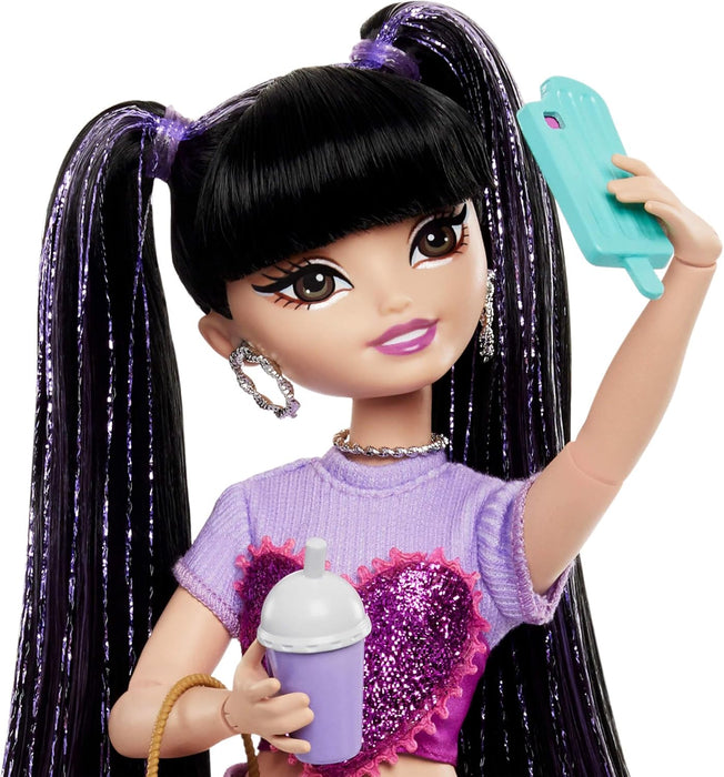 Barbie Dream Besties Doll and Accessories, Renee Posable Fashion Doll with Long Black Hair, 11 Video and Food Pieces, HYC24