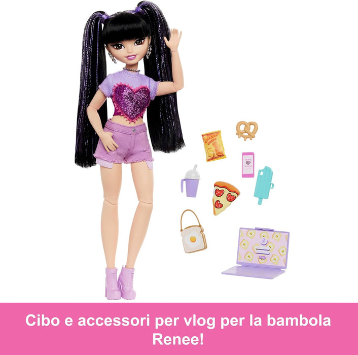 Barbie Dream Besties Doll and Accessories, Renee Posable Fashion Doll with Long Black Hair, 11 Video and Food Pieces, HYC24