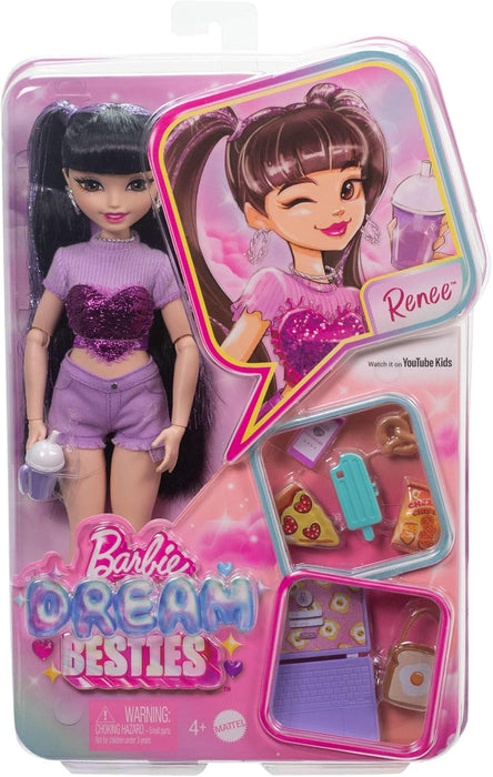 Barbie Dream Besties Doll and Accessories, Renee Posable Fashion Doll with Long Black Hair, 11 Video and Food Pieces, HYC24