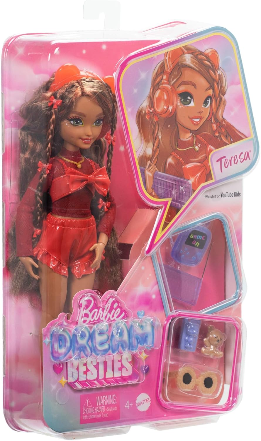 Barbie Dream Besties Puppe und Accessoires, bewegliche Teresa-Modepuppe mit braunem Haar und Haarspangen, 10 Teile zum Thema Videospiele, HYC23