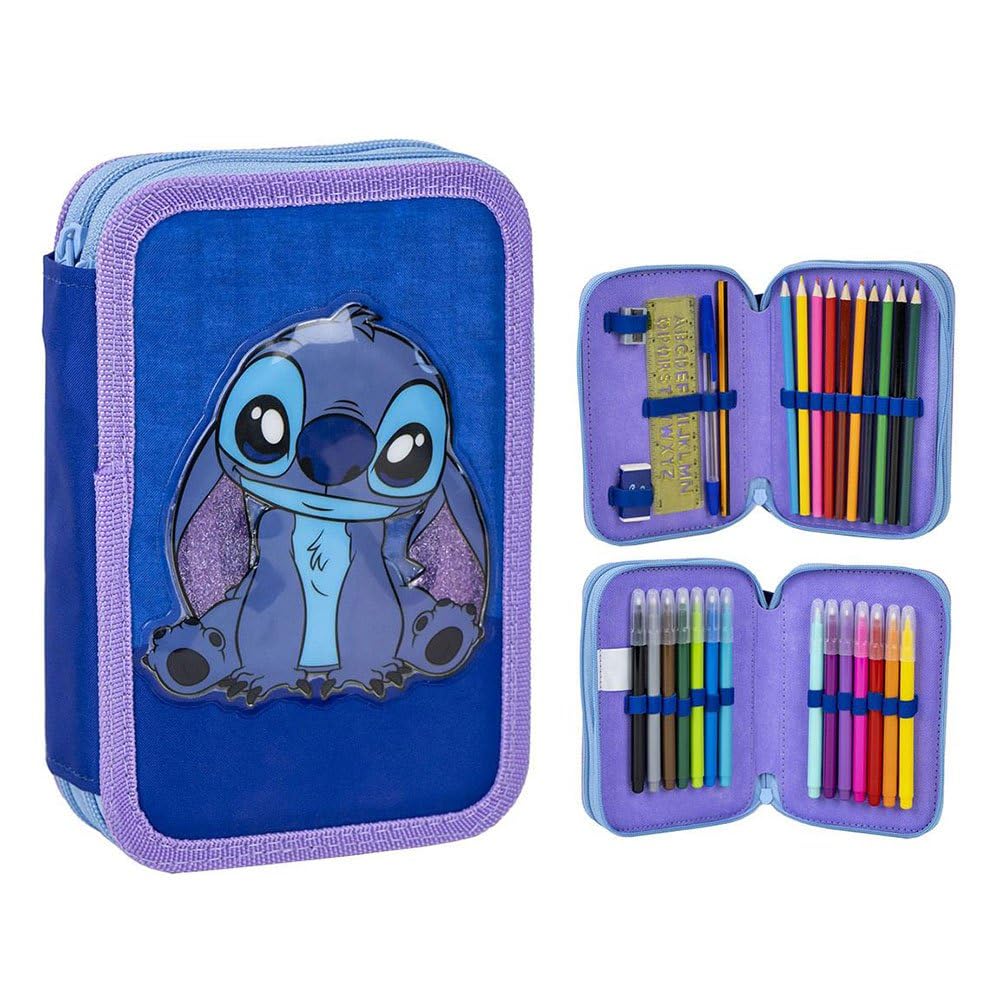 Stitch Pennenetui met 3 vakken, blauw, 12,5 x 4,5 x 19,5 cm, van polyester en pvc, met ritssluiting, inclusief accessoires, origineel product, ontworpen in Spanje, Blauw, Stitch etui met 3 vakken