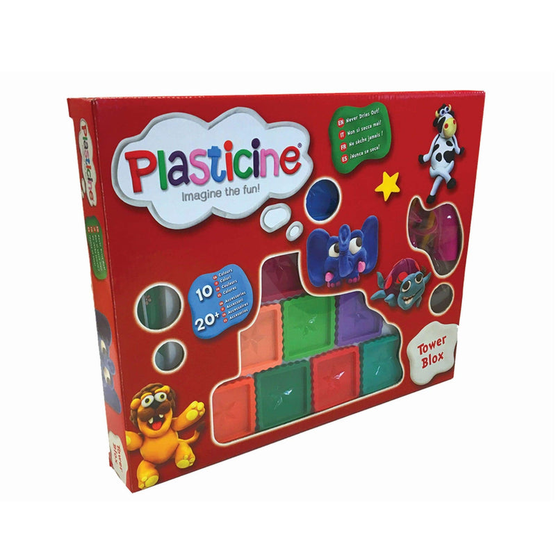 Plasticine Tower Blox, Endless Fun and Creativity with Never-Drying Modelling Compound - 10 Vibrant Colours, Complete Set for Artists of All Ages