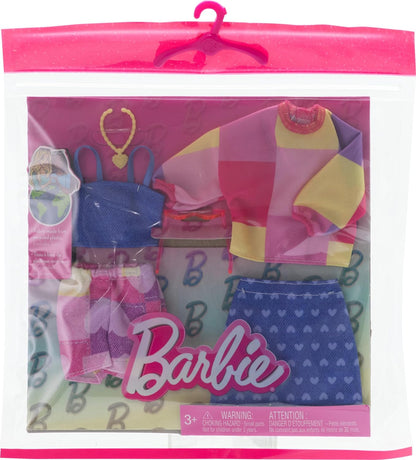 Barbie Fashions 2-Pack Clothing Set, 2 Outfits Doll Include Pink & Blue Inspired Skirt, Shorts, 2 Tops & 2 Accessories