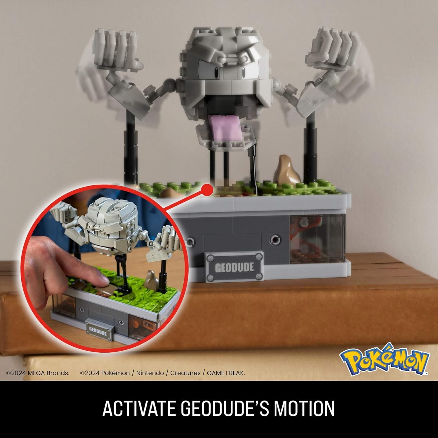 MEGA Pokémon Building Toys Set, Mini Motion Geodude with 343 Pieces, 5 Inches Tall, Moving Arms and Mouth, Adult Collectible, HWR79