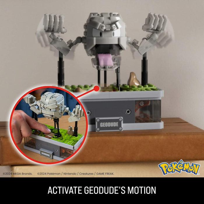 MEGA Pokémon Mini figura de Geodude con movimiento, Set de bloques de construcción que se mueven al apretar un botón, 355 piezas, juguete de colección para adultos y fans +13 años, HWR79