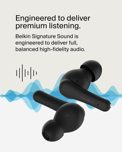 Belkin SoundForm Rhythm True Wireless Earbuds with Built-in Microphone, USB-C Fast Charging, 28H Battery Life, IPX5 Water Resistance - Bluetooth Earbuds for iPhone, iPad, Galaxy, Pixel & More