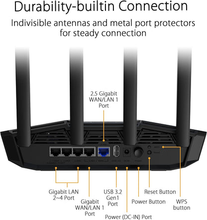 ASUS TUF Gaming BE3600 - Router WiFi 7 de Doble Banda, WiFi 7 802.11be, 2,5 Gbps, Modo de Juego móvil, WiFi en Malla, Gear Accelerator, QoS Adaptable, Redireccionamiento de Puertos, Mobile Tethering