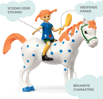 Pippi Langstrumpf Mini Puppenhaus Figuren–Kunststoff Puppenhaus Zubehör–Pippi Figuren für Mädchen und Jungen– Alter 3+,Größe 10 cm