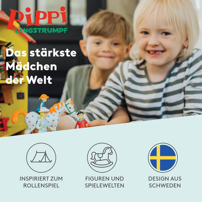 Pippi Langstrumpf Mini Puppenhaus Figuren–Kunststoff Puppenhaus Zubehör–Pippi Figuren für Mädchen und Jungen– Alter 3+,Größe 10 cm