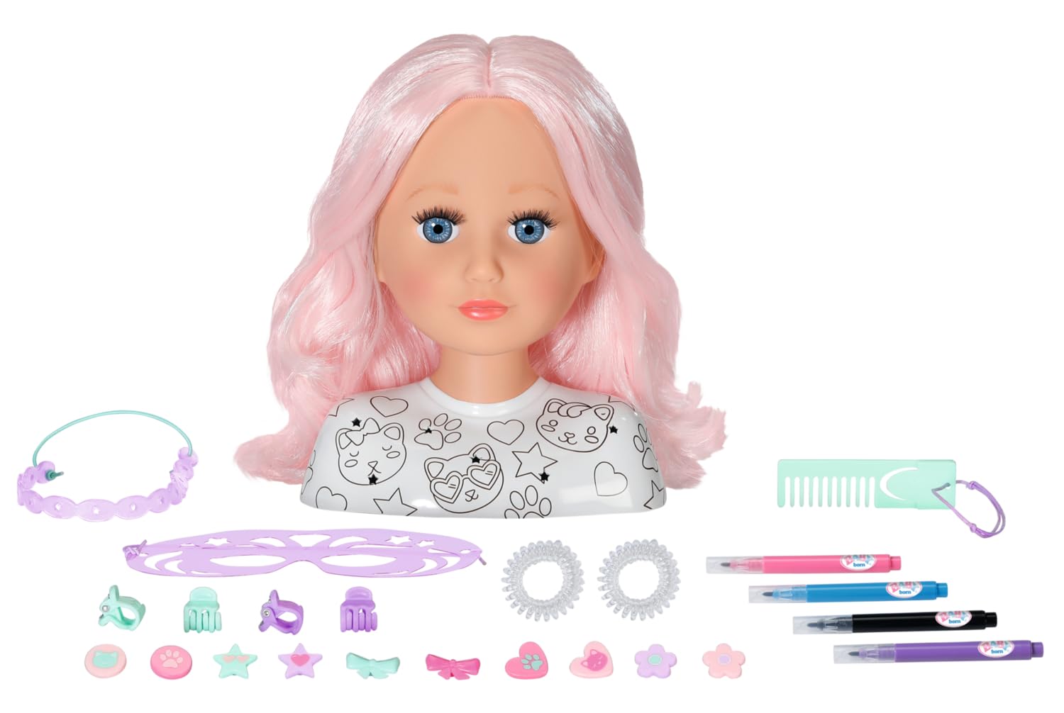 BABY born Styling Head Artist, Hairdressing Head for Styling with Face Stencil, Pens, Pink Hair and Over 20 Accessories, For Children Aged 3+, 836033 Zapf Creation