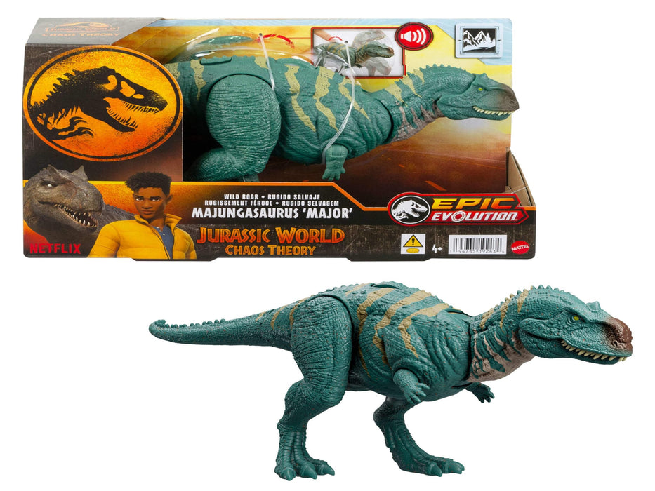 Mattel Jurassic World: Chaos Theory Netflix - Wild Roar Majungasaurus Dinosaur Figure with Continuing Massive Chomp Attack & Roar Sound, Posable Toy & Digital Play, HTK76
