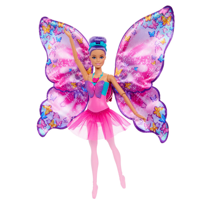Barbie Muñeca Bailarina Dance and Flutter 2 en 1 con corpiño de Mariposa, la Falda Morada se Convierte en Unas Coloridas alas al presionar el Collar, Juguete +3 años (HXJ10