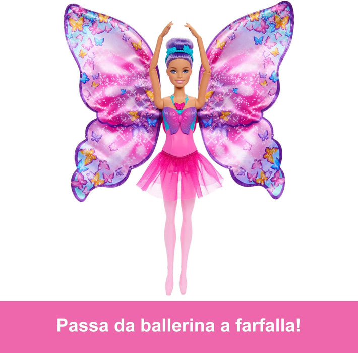 Barbie Muñeca Bailarina Dance and Flutter 2 en 1 con corpiño de Mariposa, la Falda Morada se Convierte en Unas Coloridas alas al presionar el Collar, Juguete +3 años (HXJ10