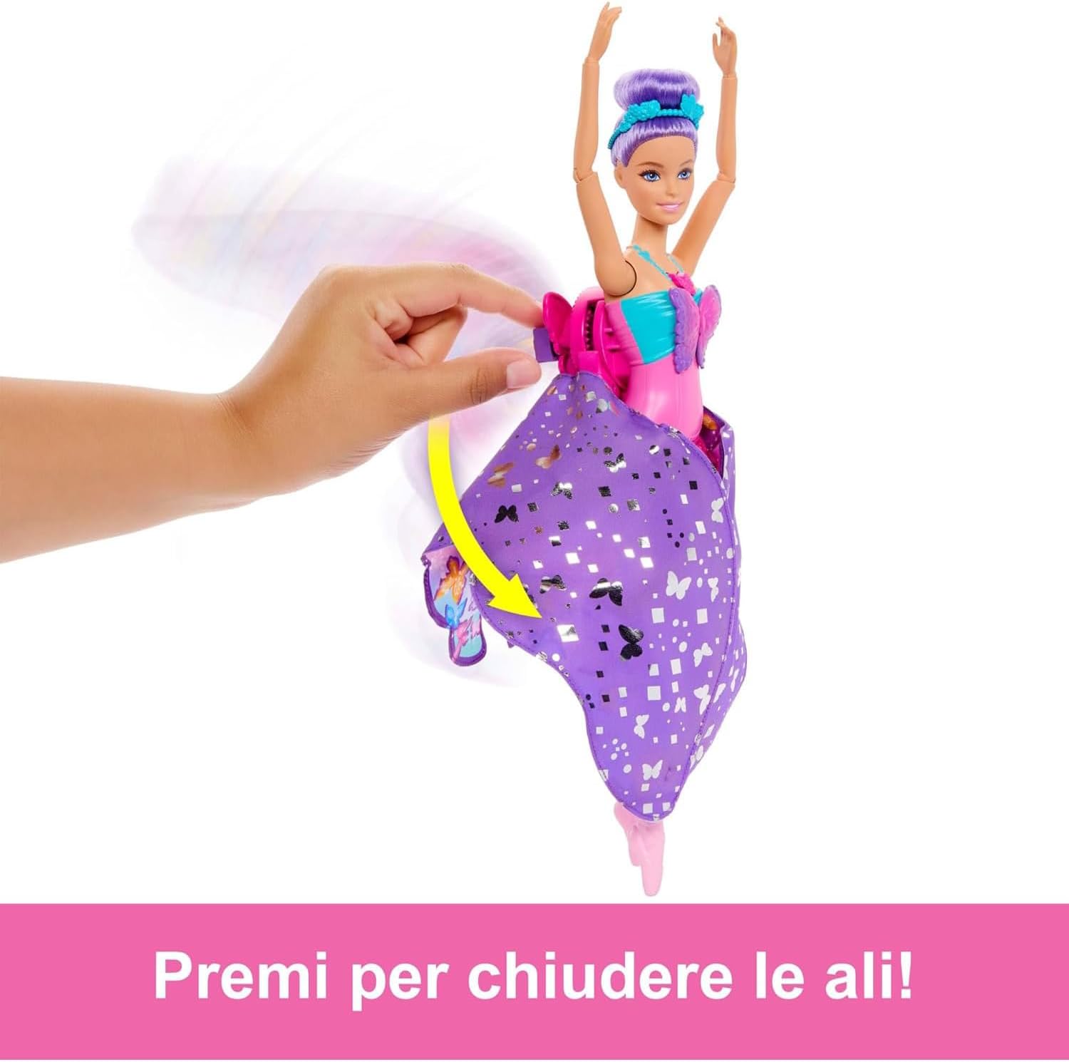 Barbie Muñeca Bailarina Dance and Flutter 2 en 1 con corpiño de Mariposa, la Falda Morada se Convierte en Unas Coloridas alas al presionar el Collar, Juguete +3 años (HXJ10
