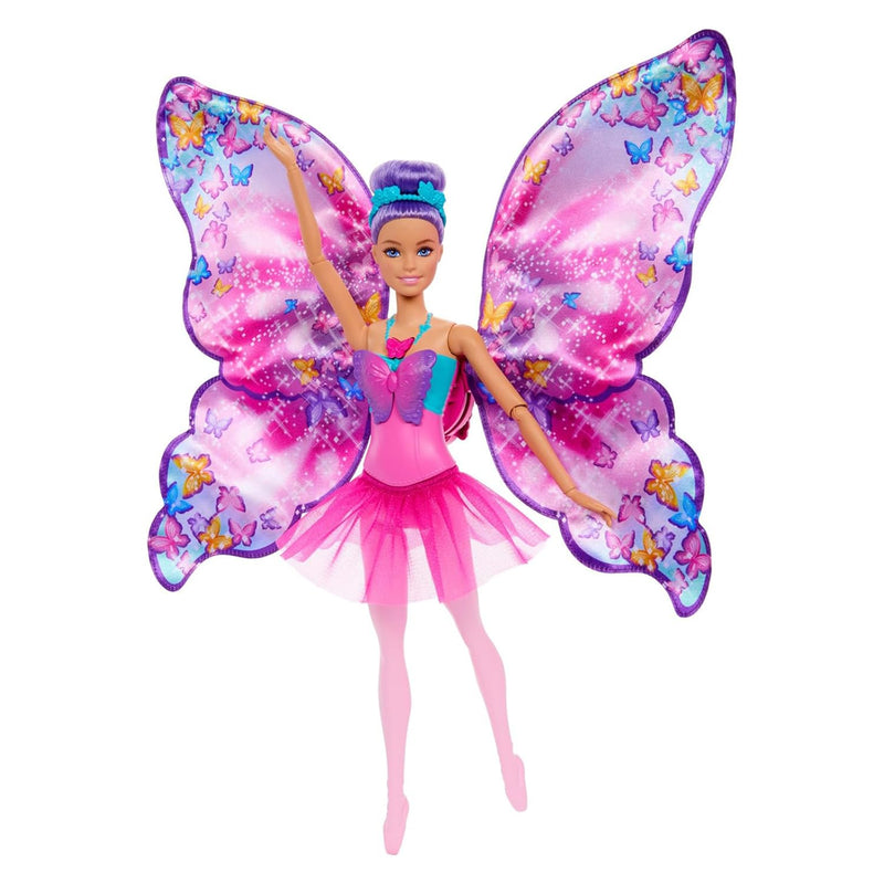 Barbie Muñeca Bailarina Dance and Flutter 2 en 1 con corpiño de Mariposa, la Falda Morada se Convierte en Unas Coloridas alas al presionar el Collar, Juguete +3 años (HXJ10