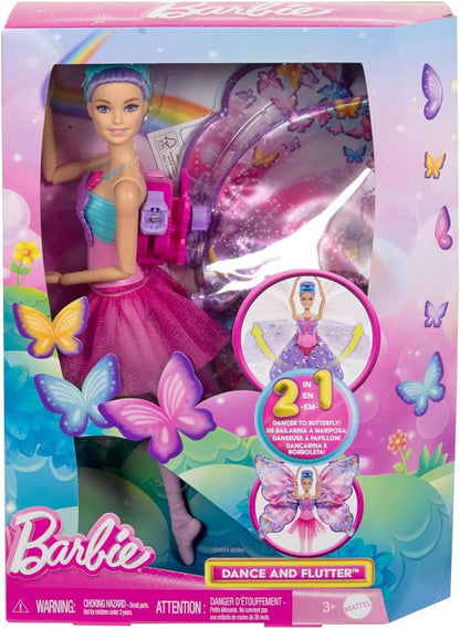 Barbie Muñeca Bailarina Dance and Flutter 2 en 1 con corpiño de Mariposa, la Falda Morada se Convierte en Unas Coloridas alas al presionar el Collar, Juguete +3 años (HXJ10