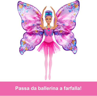 Barbie Muñeca Bailarina Dance and Flutter 2 en 1 con corpiño de Mariposa, la Falda Morada se Convierte en Unas Coloridas alas al presionar el Collar, Juguete +3 años (HXJ10
