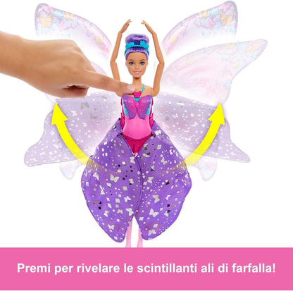 Barbie Muñeca Bailarina Dance and Flutter 2 en 1 con corpiño de Mariposa, la Falda Morada se Convierte en Unas Coloridas alas al presionar el Collar, Juguete +3 años (HXJ10