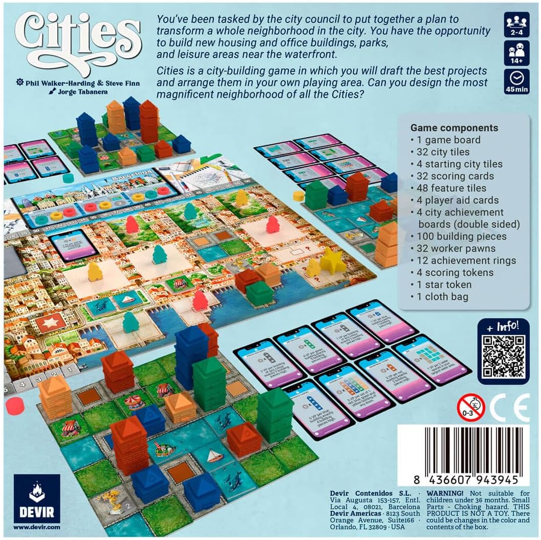 DEVIR - Cities- Action and Resource City-Building Game - Competitive and Strategic Board Games for Adults and Kids - 2 to 4 Players, For Ages 10+