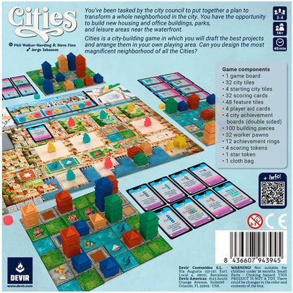 DEVIR - Cities- Action and Resource City-Building Game - Competitive and Strategic Board Games for Adults and Kids - 2 to 4 Players, For Ages 10+