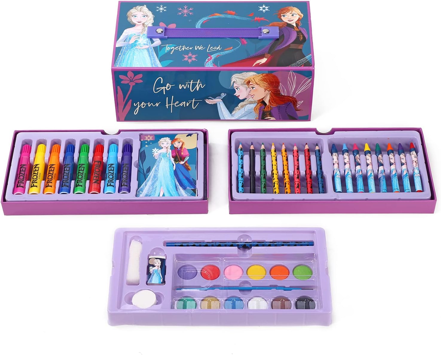 Disney Frozen Frozen Kids 52st Kleurkunst Briefpapier Set met Aquarel Vilt Tip Pennen Kleurpotloden en Potloden Reisset voor Kinderen, 13,27 g (Pack van 52) (0000563356