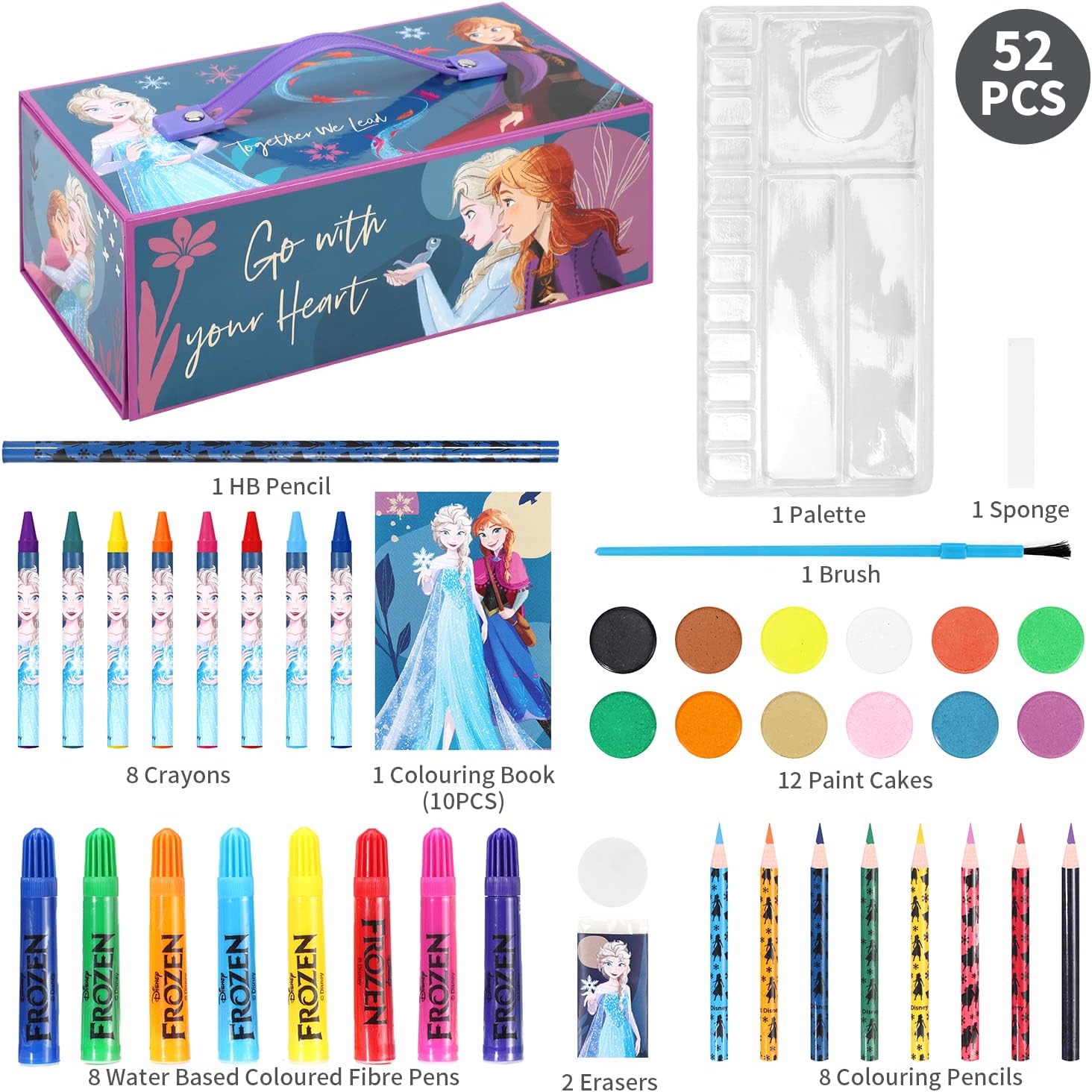 Disney Frozen Frozen Kids 52st Kleurkunst Briefpapier Set met Aquarel Vilt Tip Pennen Kleurpotloden en Potloden Reisset voor Kinderen, 13,27 g (Pack van 52) (0000563356