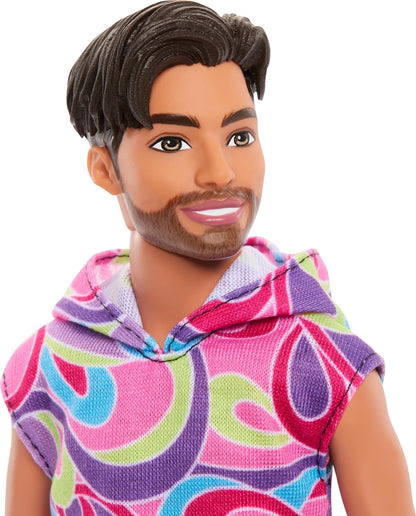 Barbie Fashionistas Ken Doll #227 with Outfit Inspired by the Totally Hair Look, Brunette with Short Beard & Slender Body Type, 65th Anniversary Collectible, HRH26
