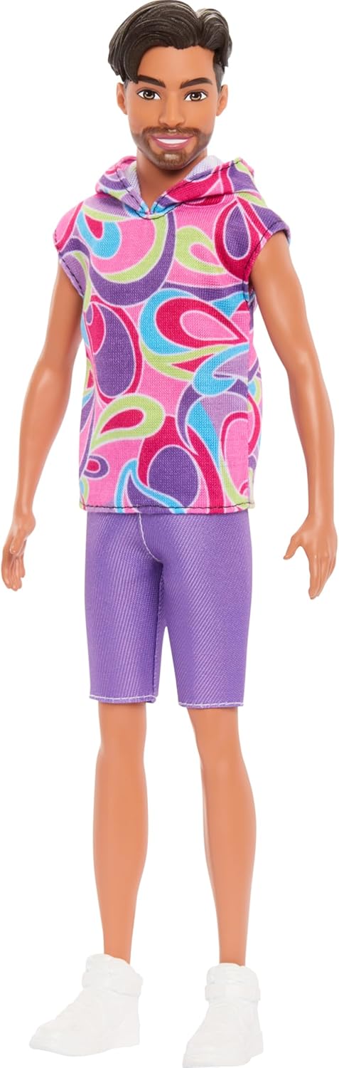 Barbie Fashionistas Ken Doll #227 with Outfit Inspired by the Totally Hair Look, Brunette with Short Beard & Slender Body Type, 65th Anniversary Collectible, HRH26