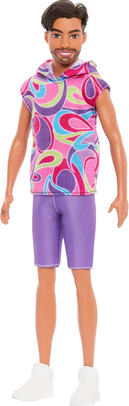 Barbie Fashionistas Ken Doll #227 with Outfit Inspired by the Totally Hair Look, Brunette with Short Beard & Slender Body Type, 65th Anniversary Collectible, HRH26