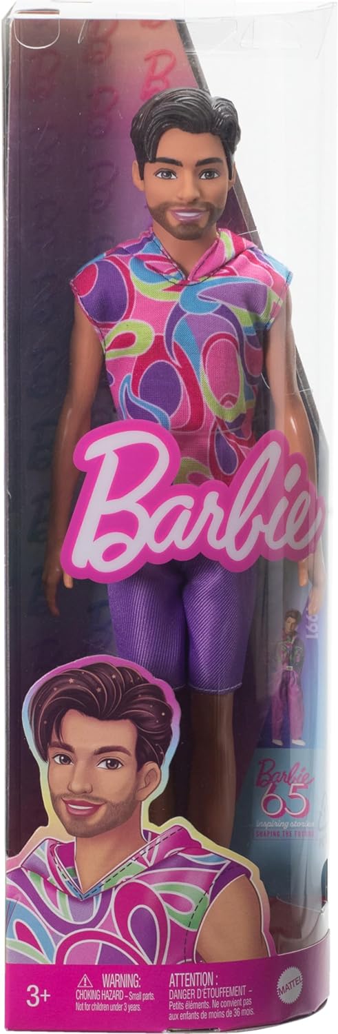 Barbie Fashionistas Ken Doll #227 with Outfit Inspired by the Totally Hair Look, Brunette with Short Beard & Slender Body Type, 65th Anniversary Collectible, HRH26
