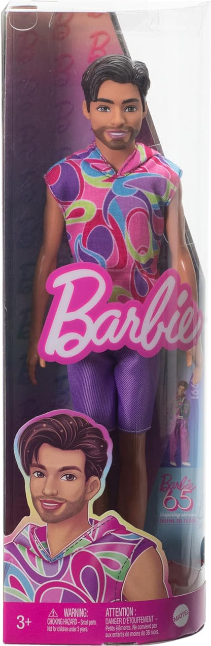 Barbie Fashionistas Ken Doll #227 with Outfit Inspired by the Totally Hair Look, Brunette with Short Beard & Slender Body Type, 65th Anniversary Collectible, HRH26