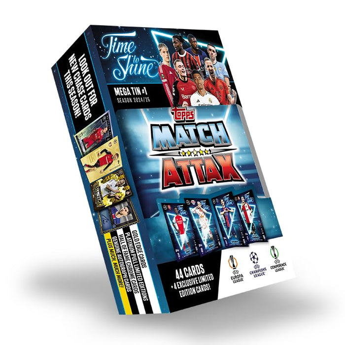 Topps Match Attax 24/25 - Mega Tin 'Time to Shine' - Tin 1 - contains 44 Match Attax cards plus 4 exclusive LE's - Bukayo Saka, Benjamin Šeško, Vitinha and Santiago Giménez!