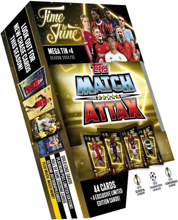 Topps Match Attax 24/25 - Mega Tin 'Time to Shine' - Tin 1 - contains 44 Match Attax cards plus 4 exclusive LE's - Bukayo Saka, Benjamin Šeško, Vitinha and Santiago Giménez!