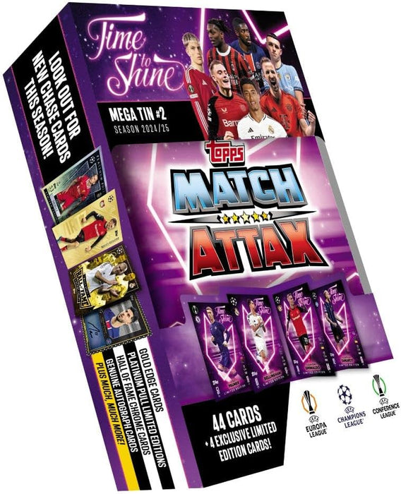 Topps Match Attax 24/25 - Mega Tin 'Time to Shine' - Tin 1 - contains 44 Match Attax cards plus 4 exclusive LE's - Bukayo Saka, Benjamin Šeško, Vitinha and Santiago Giménez!