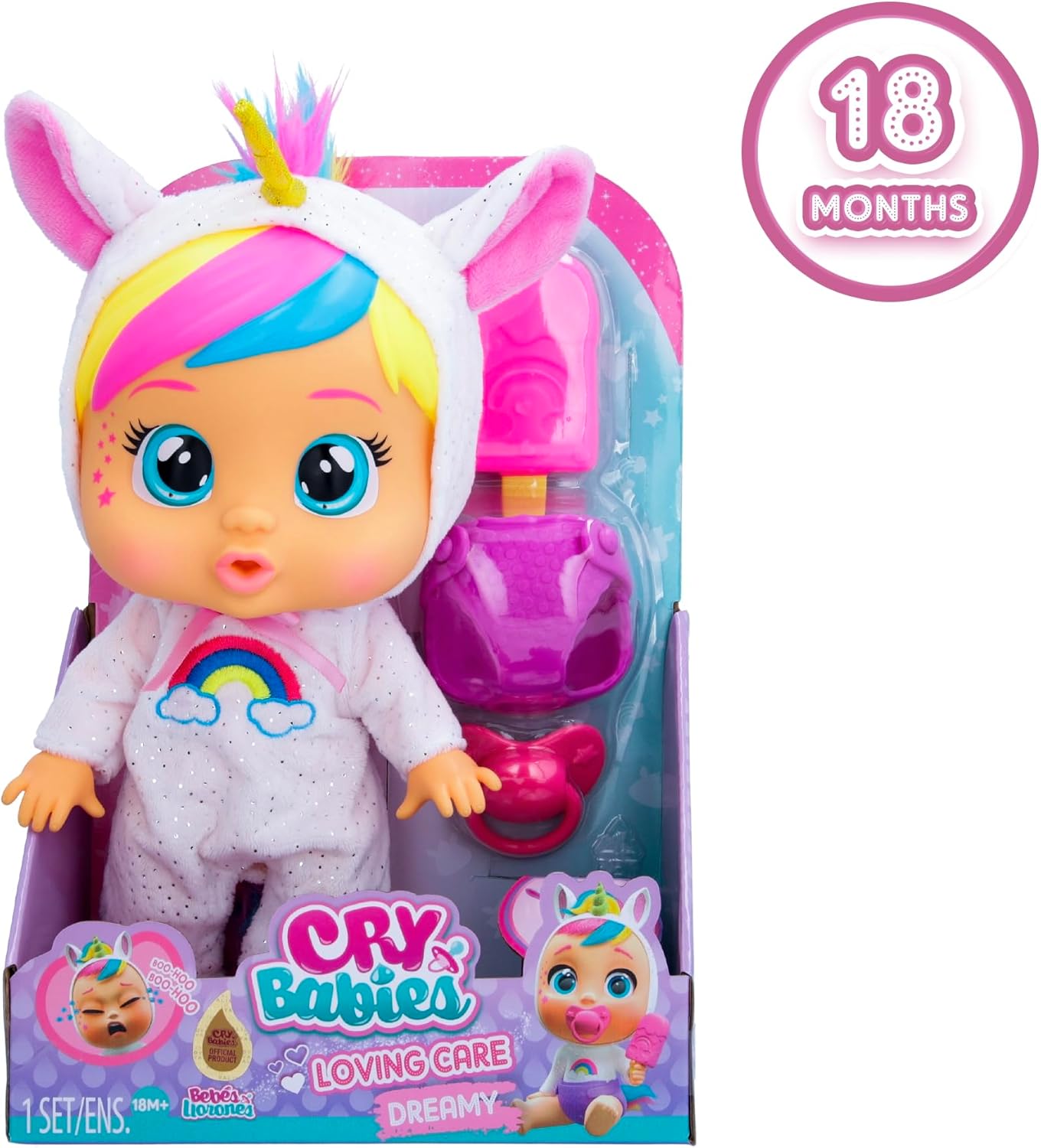 Cry Babies Loving Care Fantasy Dreamy | Bambola interattiva che piange lacrime vere, con pigiama intercambiabili - Bambola giocattolo funzionale per bambini dai 18 mesi in su