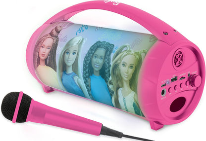 Lexibook, Barbie, Wireless light speaker with microphone, Stereo sound, Karaoke function, USB and SD card ports, Rechargeable battery, Handle to carry everywhere, Pink, BTP585BBZ