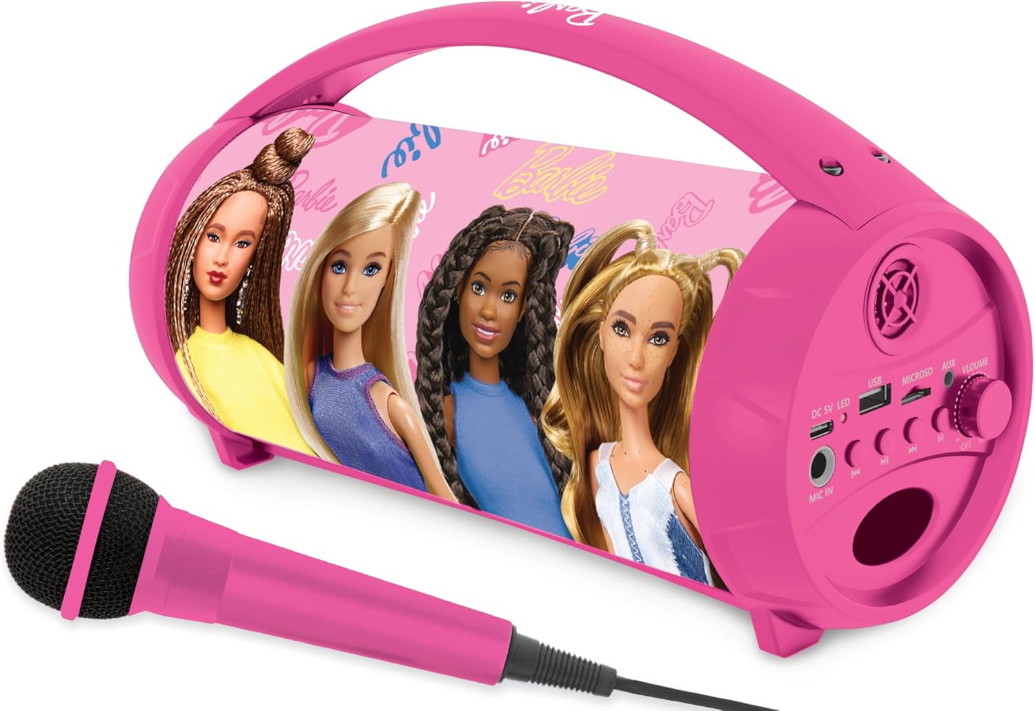 Lexibook, Barbie, Wireless light speaker with microphone, Stereo sound, Karaoke function, USB and SD card ports, Rechargeable battery, Handle to carry everywhere, Pink, BTP585BBZ