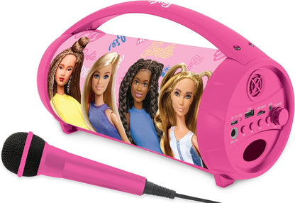 Lexibook, Barbie, Wireless light speaker with microphone, Stereo sound, Karaoke function, USB and SD card ports, Rechargeable battery, Handle to carry everywhere, Pink, BTP585BBZ
