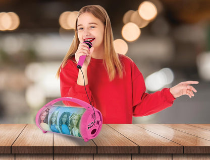 Lexibook, Barbie, Wireless light speaker with microphone, Stereo sound, Karaoke function, USB and SD card ports, Rechargeable battery, Handle to carry everywhere, Pink, BTP585BBZ