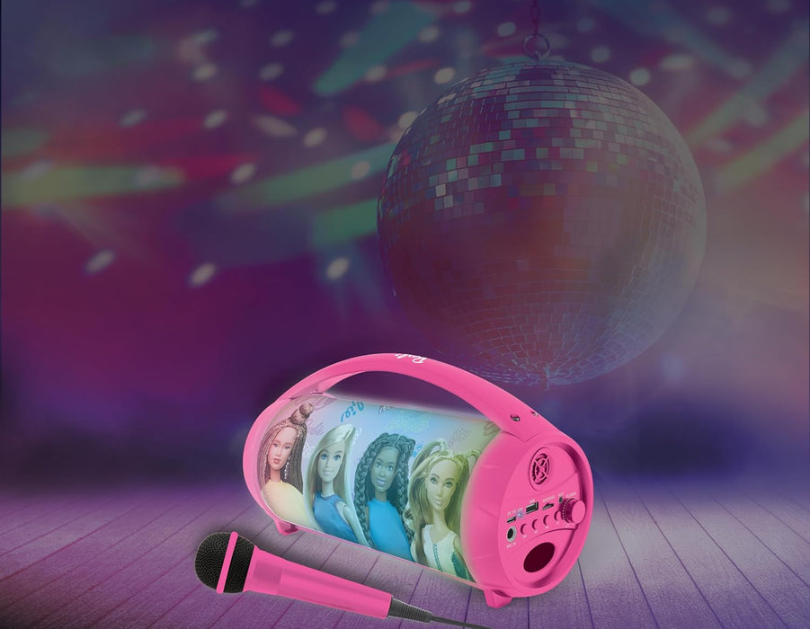 Lexibook, Barbie, Wireless light speaker with microphone, Stereo sound, Karaoke function, USB and SD card ports, Rechargeable battery, Handle to carry everywhere, Pink, BTP585BBZ