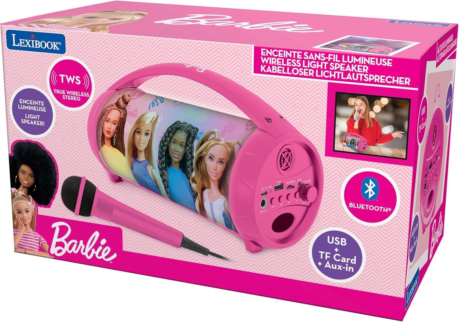 Lexibook, Barbie, Wireless light speaker with microphone, Stereo sound, Karaoke function, USB and SD card ports, Rechargeable battery, Handle to carry everywhere, Pink, BTP585BBZ