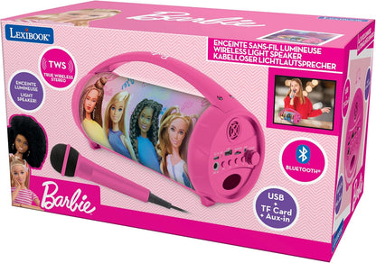 Lexibook, Barbie, Wireless light speaker with microphone, Stereo sound, Karaoke function, USB and SD card ports, Rechargeable battery, Handle to carry everywhere, Pink, BTP585BBZ