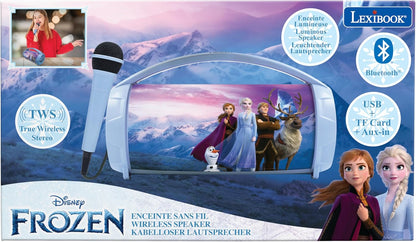 Lexibook, Frozen, Draadloze luidspreker met microfoon, Stereogeluid, Karaoke-functie, USB- en SD-kaartpoorten, Oplaadbare batterij, Blauw/Paars, BTP585FZZ