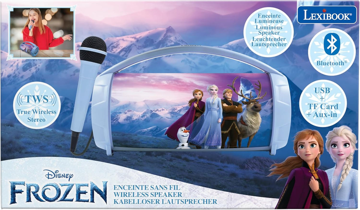 Lexibook, Frozen, Draadloze luidspreker met microfoon, Stereogeluid, Karaoke-functie, USB- en SD-kaartpoorten, Oplaadbare batterij, Blauw/Paars, BTP585FZZ