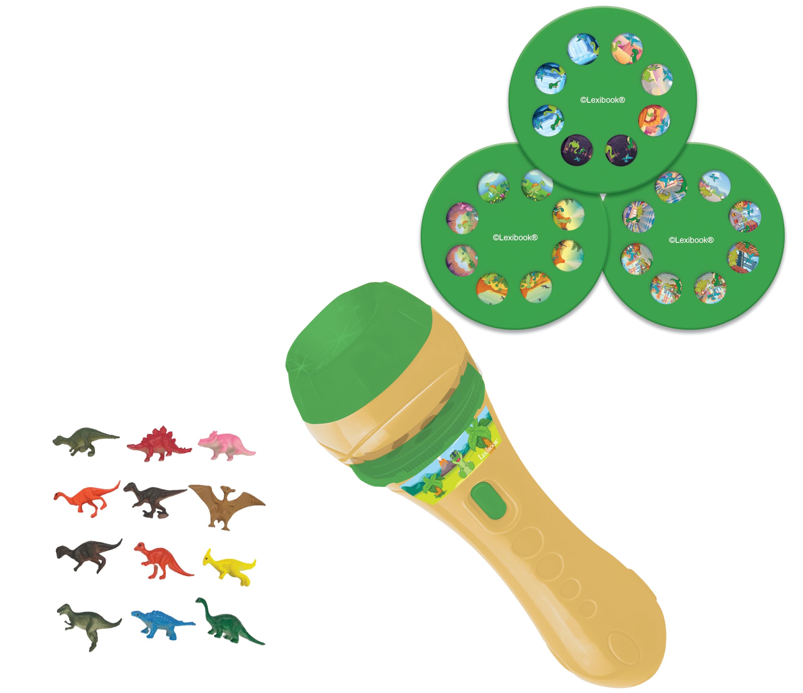 Lexibook LTC045Z Projector and Torch Light, Create up to 3 Stories with 24 Images, 12 Dinosaur Figurines Included, Yellow/Green Dinosaur - With figurines