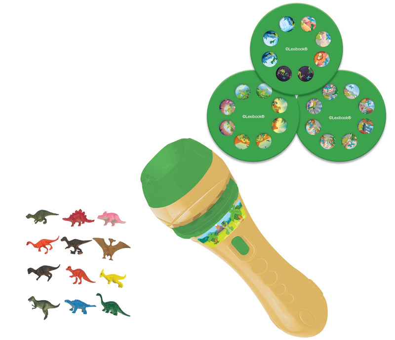 Lexibook LTC045Z Projector and Torch Light, Create up to 3 Stories with 24 Images, 12 Dinosaur Figurines Included, Yellow/Green Dinosaur - With figurines