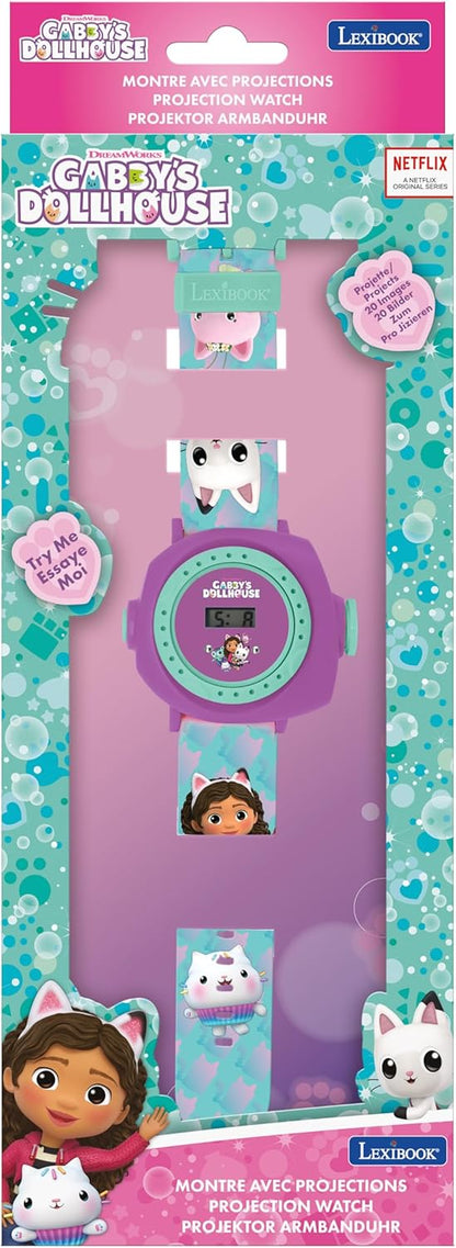 LEXIBOOK, Gabby's Dollhouse, Adjustable Projection Watch with Digital Screen, 20 Images of The Gabby's Dollhouse Series, for Children, Blue/Purple, DMW050GDH