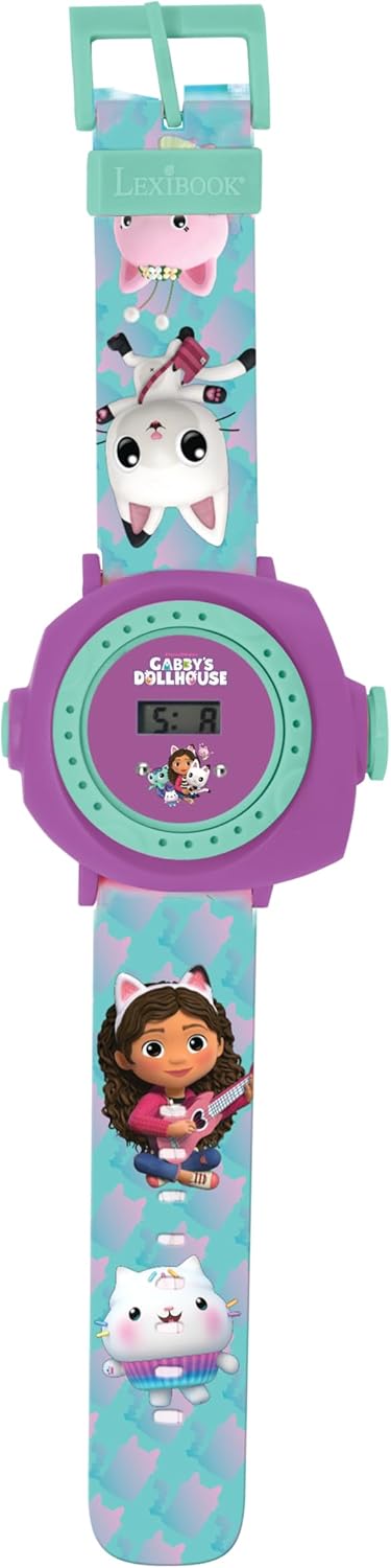 LEXIBOOK, Gabby's Dollhouse, Adjustable Projection Watch with Digital Screen, 20 Images of The Gabby's Dollhouse Series, for Children, Blue/Purple, DMW050GDH